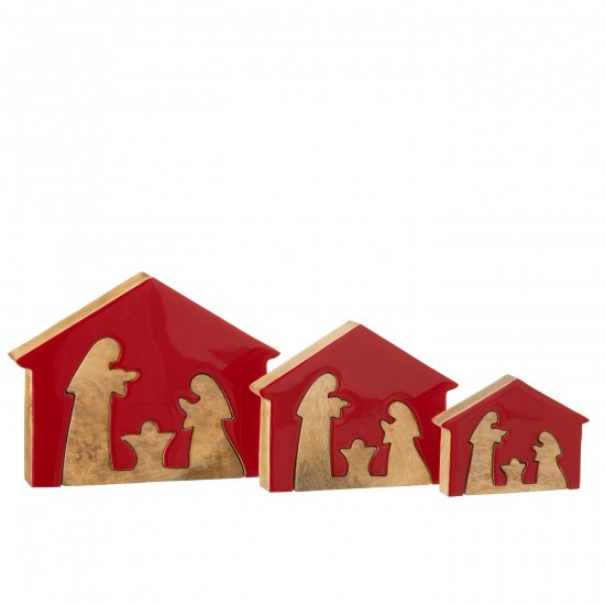 J Line crèches de Noël Jolipa Crèche Dans Maison Bois De Manguier Rouge Noël Naturel Large.