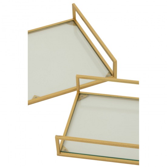 J Line Set Of 2 Decorative Tray Iron Glass Gold Colored wooden plates.