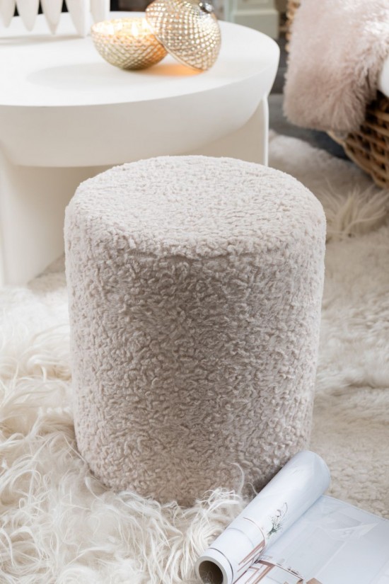 J Line Sgabello Pelliccia Mdf Ecru Taburete Piel Mdf Crudo.