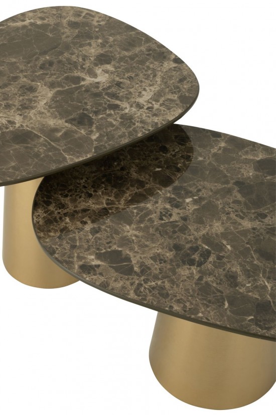 Jline Set Van 2 Bijzettafel Marble Effect Ijzer Bronskleurig Taupe.