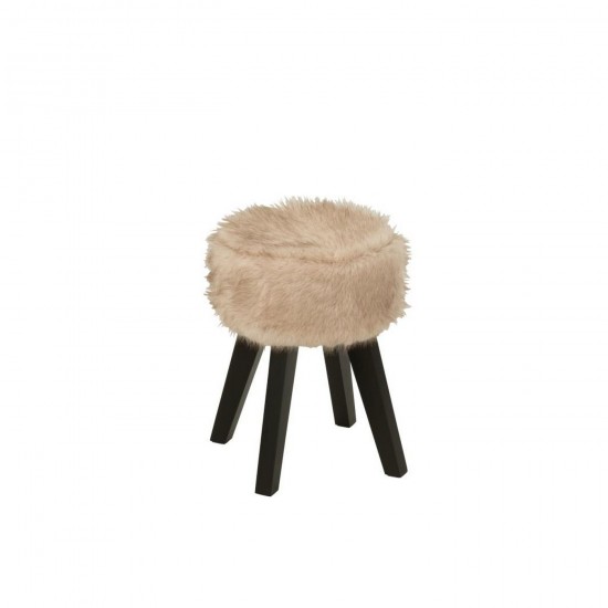 J Line Kruk Fur With Wooden Legs Hout Taupe L30xB30xH40 cm landelijke krukjes krukken taboeretten tabouretten JO55958.