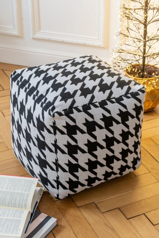 J Line Pouf Motivo Largo Pied De Poule Cotone Bianco Nero Puf Patrón Grande Pied De Poule Algodón Blanco Negro.