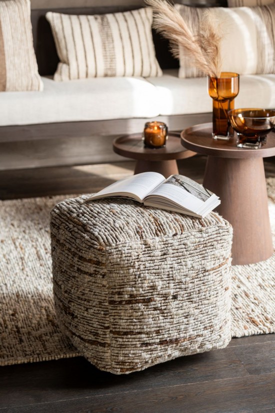 Jolipa Jline Pouf Tissé Laine Écru Marron.