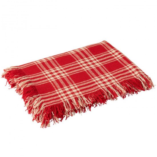 J Line Deken Geruit Katoen Kerstrood Wit L130xB180 cm plaids deken dekens dekentjes quilts JO56327.