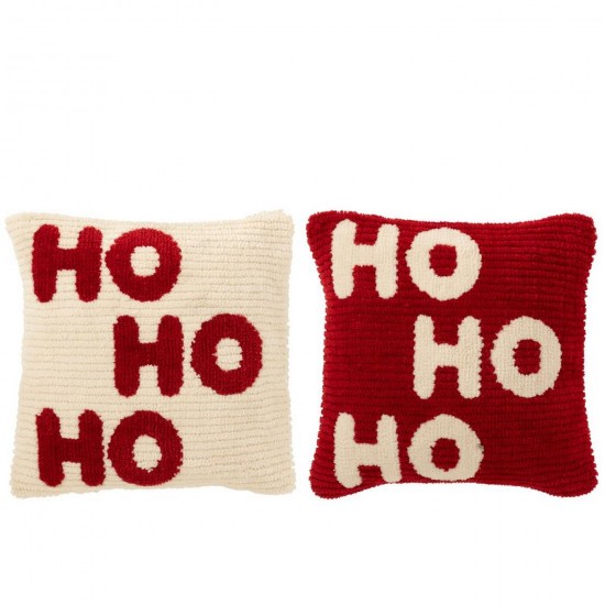 J Line Kussen Hohoho Polyester Kerstrood Wit L45xB45xH15 cm sierkussens sierkussentjes JO56332.