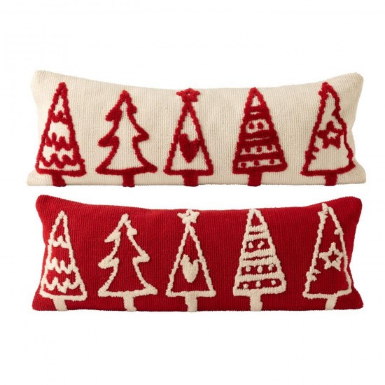 J Line Kussen Kerstbomen Polyester Kerstrood Wit L30xB80xH15 cm sierkussens sierkussentjes JO56334.