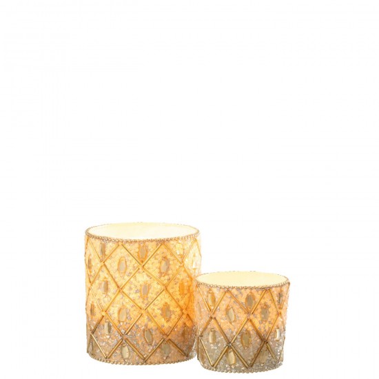 Jline Theelichthouder Glas Kralen Wit Goudkleurig Large.