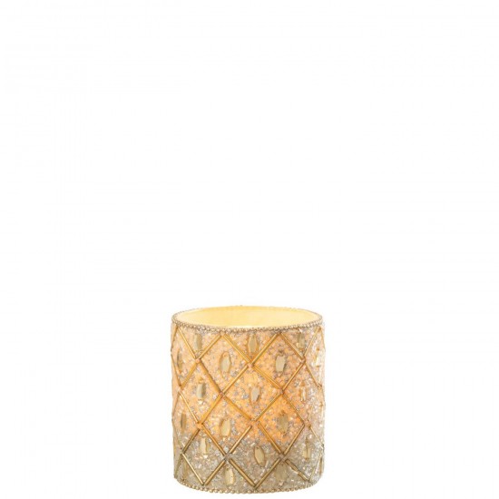 J Line Theelichthouder Glas Kralen Wit Goudkleurig Large L8xB8xH9 cm T theelichten theelichthouders waxinelichten JO56438.