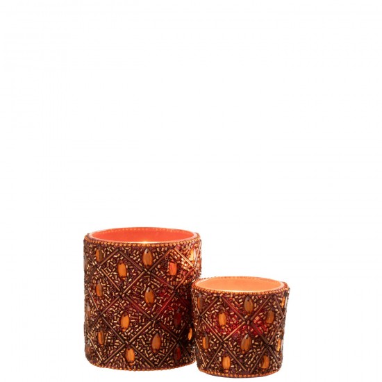 Jline Theelichthouder Glas Kralen Donkerbruin Roestbruin Large.