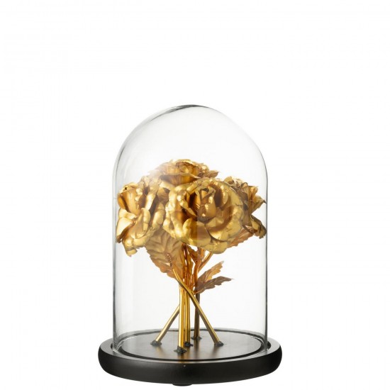 J Line Decoratieve Stolp Boeket Rozen Glas Goudkleurig Zwart Medium L18xB18xH26 cm bellen belletjes JO56483.