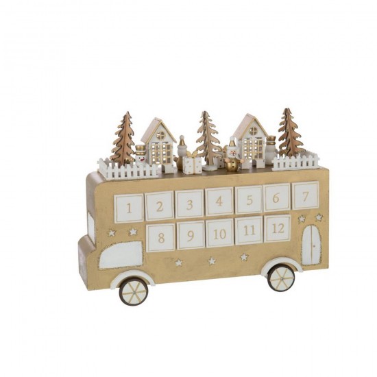 J Line Bus Adventkalender Multiplex Goudkleurig Wit L31xB9xH24 cm jaarkalenders JO56895.