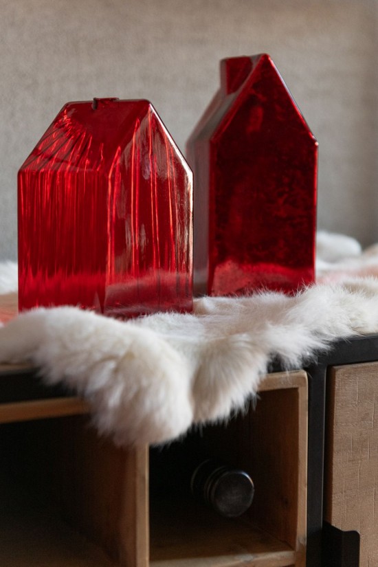 J Line Casa Vetro Rosso Natale Large Assortimento Di 2 Casa Vidrio Rojo Navidad Large Surtido De 2.