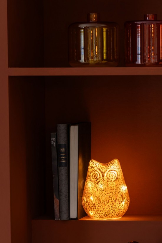 J Line Gufo Led Vetro Marrone Scuro Ruggine Assortimento Di 2 Búho Led Vidrio Marrón Oscuro Óxido Surtido De 2.