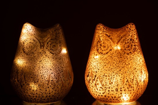 J Line hivers Jolipa Hibou Led Verre Marron Foncé Rouille Assortiment De 2.