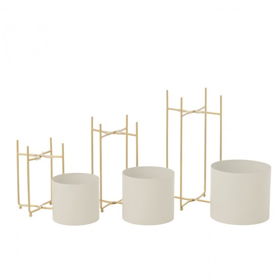 J Line cachepots de fleur Jolipa Set De 3 Cachepot Rond Fer Doré Blanc.