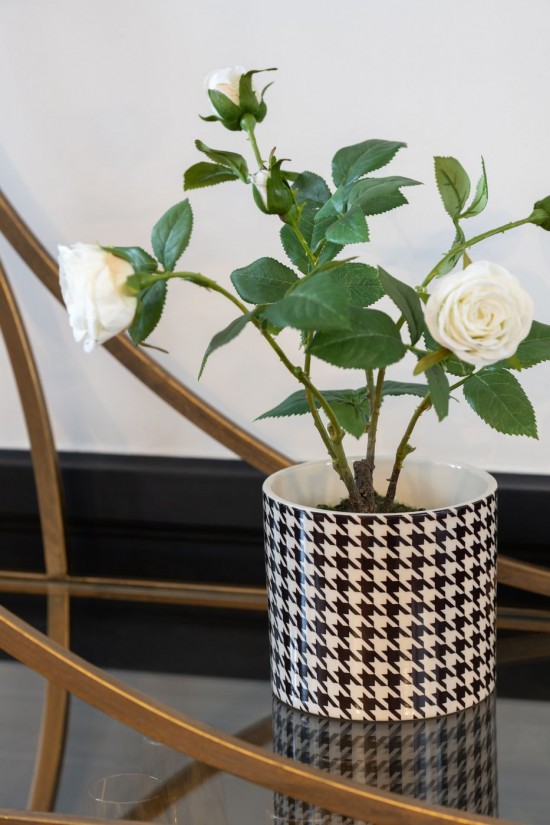 J Line Portavasi Rotondo Pied De Poule Margo Ceramica Bianco Nero Small Cachepot Redondo Pied De Poule Margo Cerámica Blanco N.