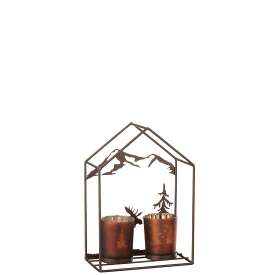 Jline Theelichthouder Huis 2 Glazen Ijzer Roestbruin Bruin.