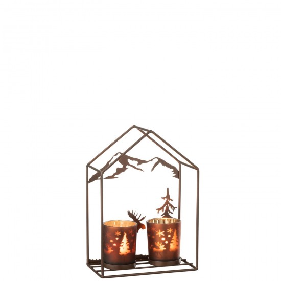 J Line Tealight Holder House 2 Glasses Iron Rust Brown Brown tea lights holders.