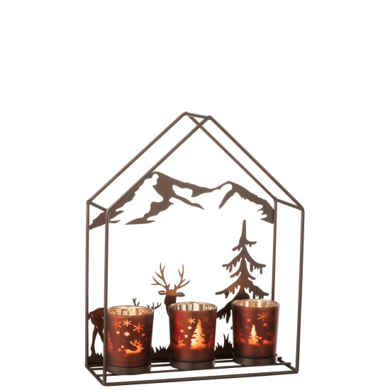 J Line Tealight Holder House 3 Glasses Iron Rust Brown Brown tea lights holders.