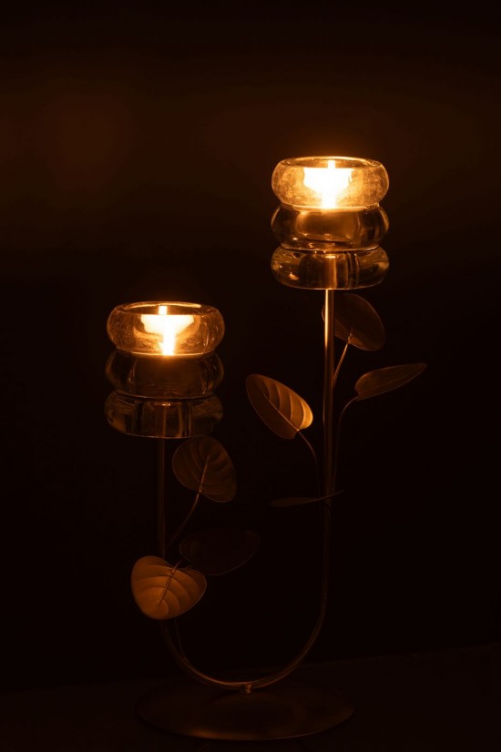 J Line Porte bougies Porte bougies Jolipa Chandelier Branche Et Feuille 2 Pièces Fer Doré Transparent.