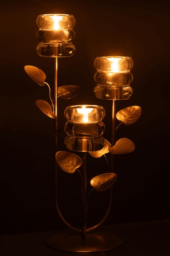 J Line Porte bougies Porte bougies Jolipa Chandelier Branche Et Feuille 3 Pcs Fer Doré Transparent.
