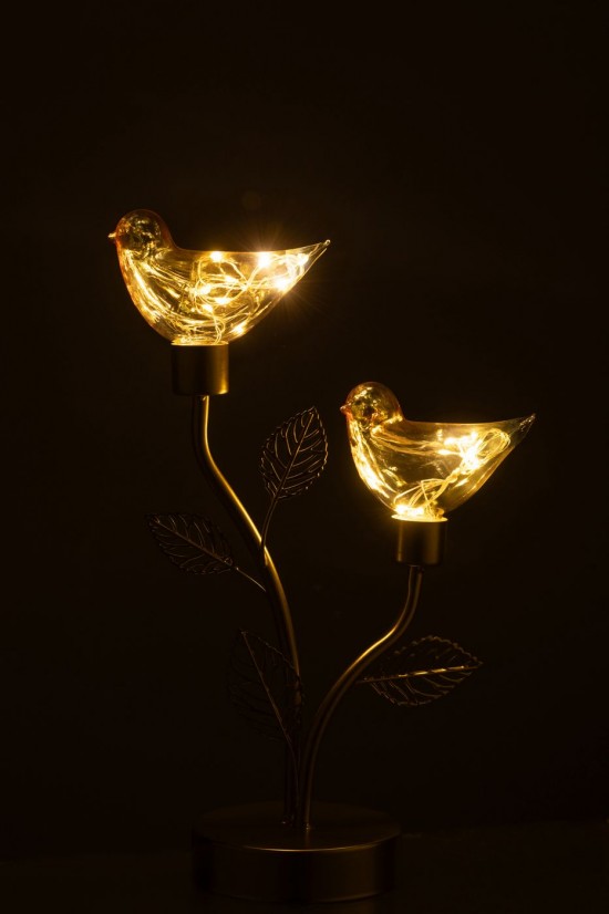 J Line Lampes LED Lampe LED Jolipa Oiseau Led Branche Et Feuille 2 Pièces Fer Doré.