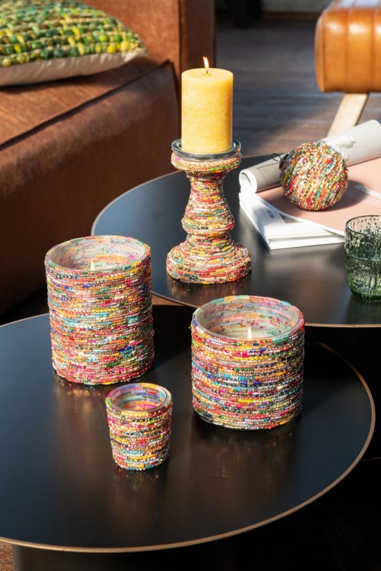 J Line Porta T Light Perle Vetro Rosa Oro Small Portavelas Cuentas Vidrio Rosa Dorado Small.