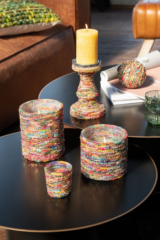 J Line Candela Bastone Perle Vetro Rosa Oro Portavelas Cuentas Vidrio Rosa Dorado.