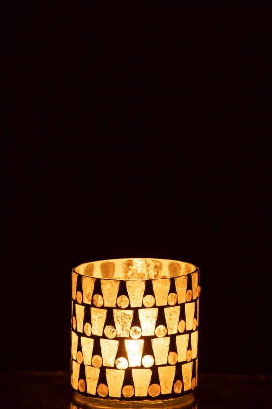 J Line photophores Jolipa Chandelier Cylindre Mosaïque Verre Blanc Cassé Doré Medium.