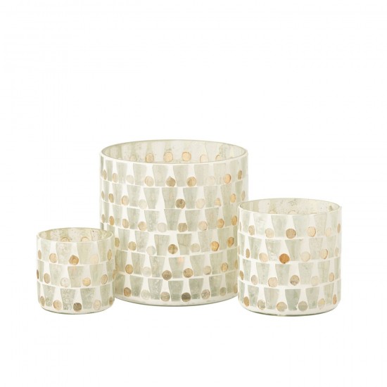 Jline Kaarshouder Cilinder Mozaïek Glas Gebroken Wit Goudkleurig.