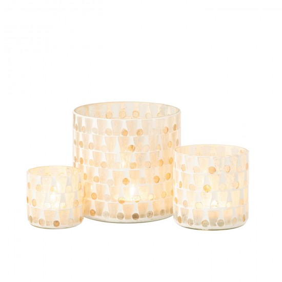 J Line Candle Holder Cylinder Mosaic Glass Off White Gold Colored tea lights holders.