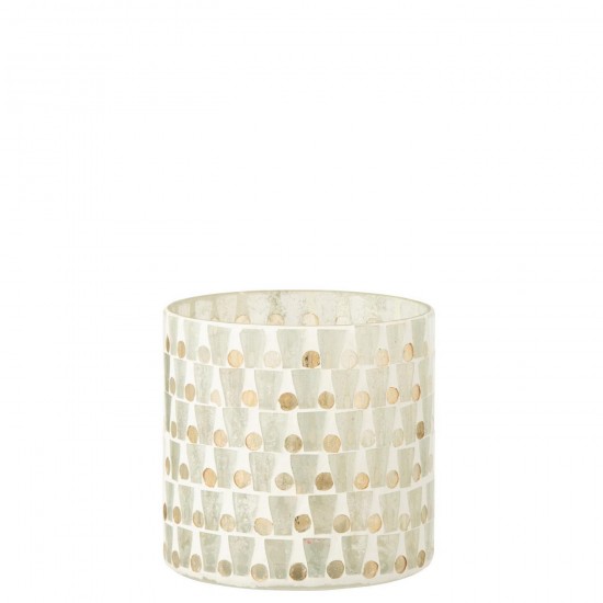 J Line Kaarshouder Cilinder Mozaïek Glas Gebroken Wit Goudkleurig L15xB15xH15 cm T theelichten theelichthouders waxinelichten JO58599.