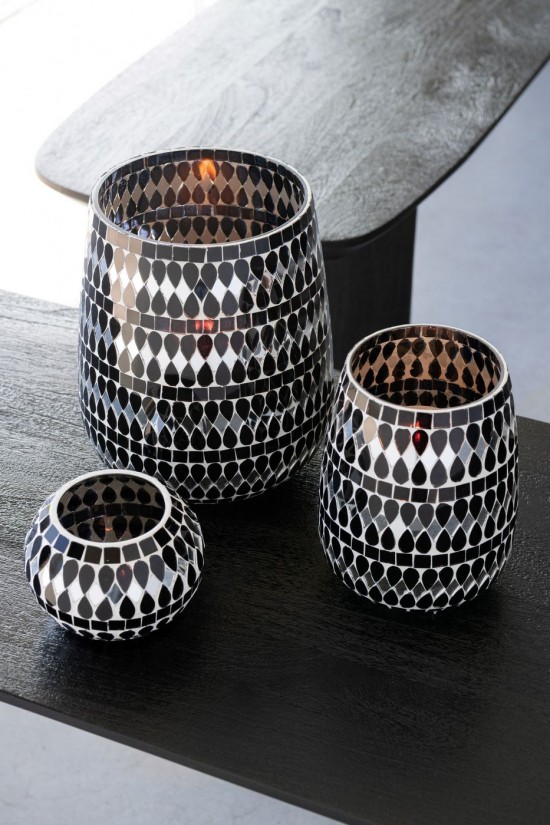 J Line Porta T Light Mosaico Vetro Nero Argento Medium Portavelas Mosaico Vidrio Negro Plata Medium.