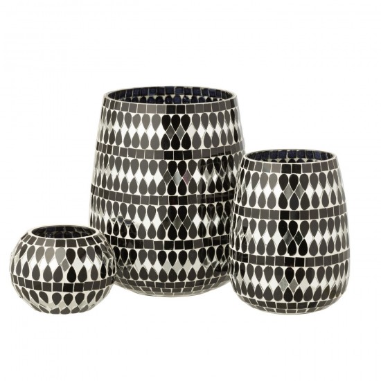 Jline Theelichthouder Mozaïek Glas Zwart Zilverkleurig Large.