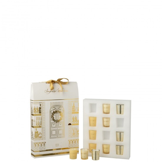 J Line Scented Candle 12 Candles Surprise Window Wax Gold Colored White scented candles.