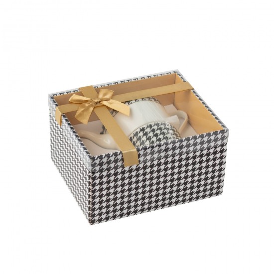 J Line théières Jolipa Boite De 1 Théière Pied De Poule Porcelaine Blanc Noir.