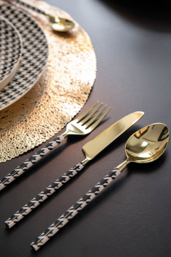 J Line Scatola Di 4 Posate Pied De Poule Acciaio Inossidabile Oro Caja De 4 Cubiertos Pied De Poule Acero Inoxidable Dorado.