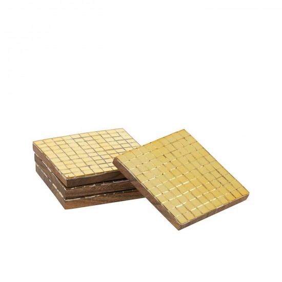 J Line Doos Van 4 Onderzetter Mozaïek Acaciahout Goudkleurig L10xB10 cm glasonderzetters onderleggers JO58950.