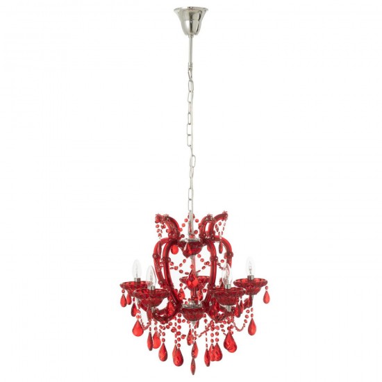 J Line Hanglamp Kandelaar Antiek Glas Rood L53xB53xH57 cm hang pendellampen licht JO59046.