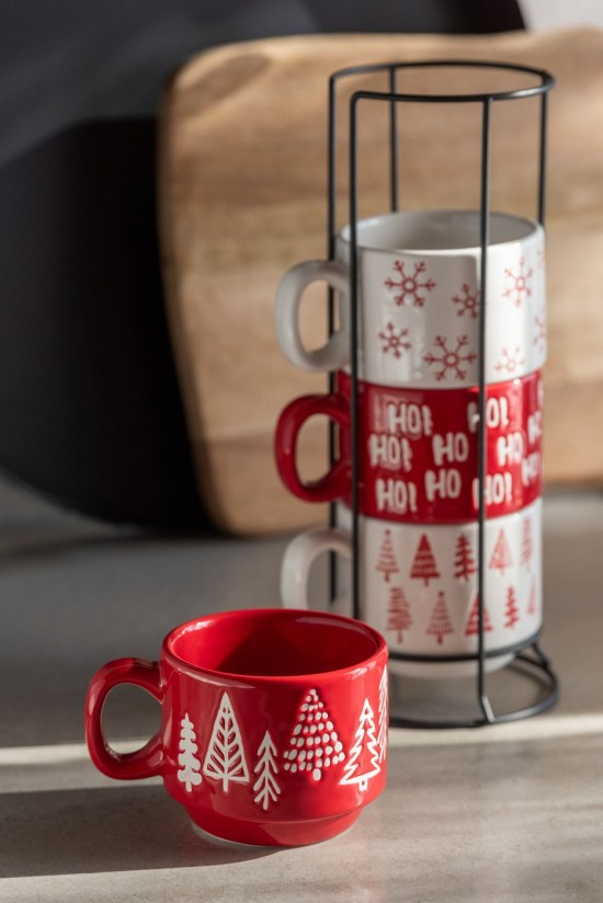 J Line Scatola Di 4 Tazza Natale Dolomite Bianco Rosso Natale Caja De 4 Taza Navidad Dolomita Blanco Rojo Navidad.