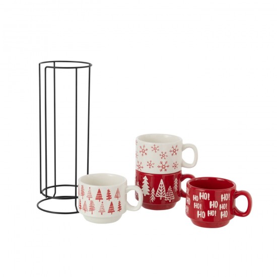 J Line hivers Jolipa Boite De 4 Tasse Noël Dolomite Blanc Rouge Noël.