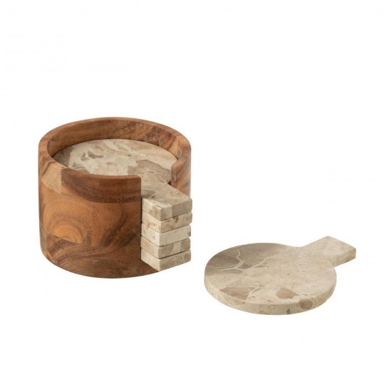 J Line Doos Van 4 Onderzetter Rond Marmer Beige Bruin L12xB12xH8 cm glasonderzetters onderleggers JO59217.
