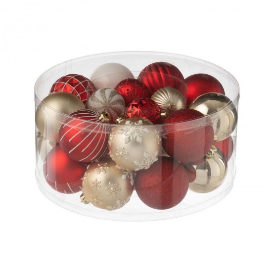 J Line Doos Van 30 Kerstbal Plastiek Kerstrood Goudkleurig L31xB31xH16 cm kerstballen kerstbollen JO59492.