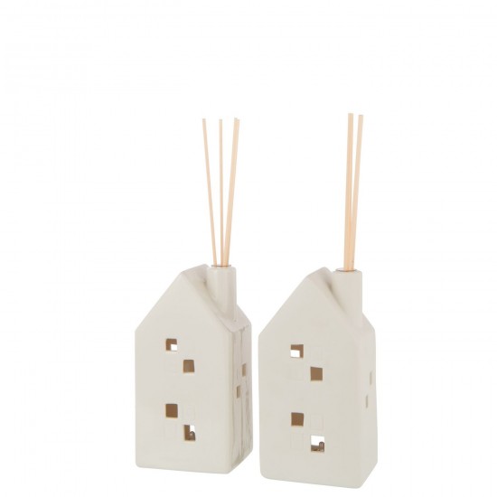 J Line Vase Led House Heart Clay White Assortment Of 2.