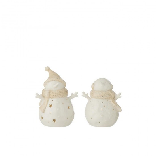 J Line Sneeuwpop Led Stars Klei Wit Beige Small L12xB10xH17 cm kerstmannen sneeuwmannen sneeuwmannetjes JO59700.