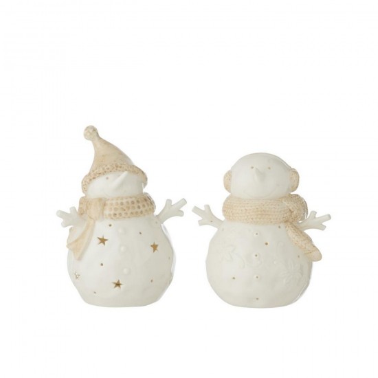 J Line Sneeuwpop Led Stars Klei Wit Beige Large L16xB13xH18 cm kerstmannen sneeuwmannen sneeuwmannetjes JO59701.