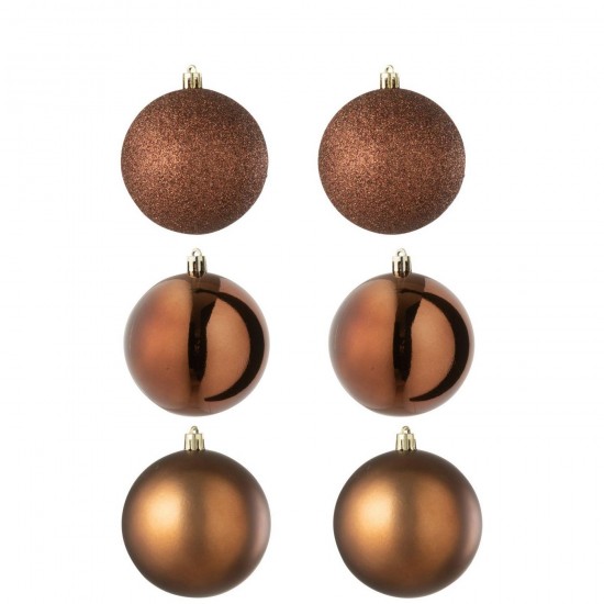 J Line Doos Van 6 Kerstbal Plastiek Donkerbruin L16xB8xH24 cm kerstballen kerstbollen JO59949.