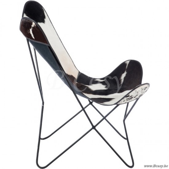 Chaise lounge en peau de vache et métal blanc et noir 75x87x86cm chaises papillon hardoy Jolipa Jline Chaise Lounge Peau De Vache Metal Blanc Noir