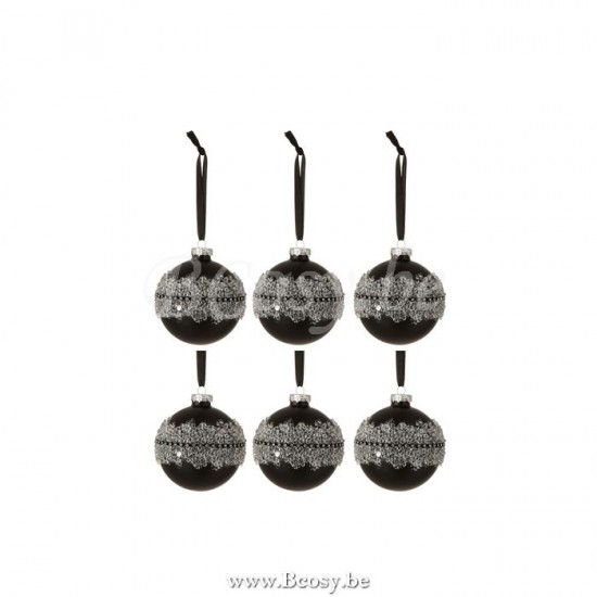 J Line 6508 Doos Van 6 Kerstballen Suiker Midden Diamanten Lijn Glas Mat Zwart Small Ø8 kerstballen kerstbollen