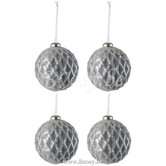 J Line 76282 Doos Van 4 Kerstballen Geruit Glas Antiek Grijs Large 10H kerstballen kerstbollen